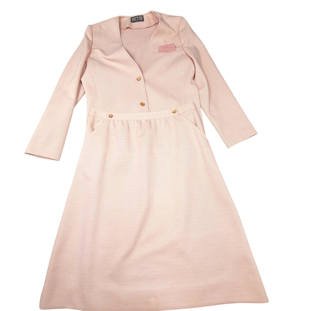 Vintage Act III Pink Knit Skirt Suit Set Union Made USA Retro 2 Piece Blazer